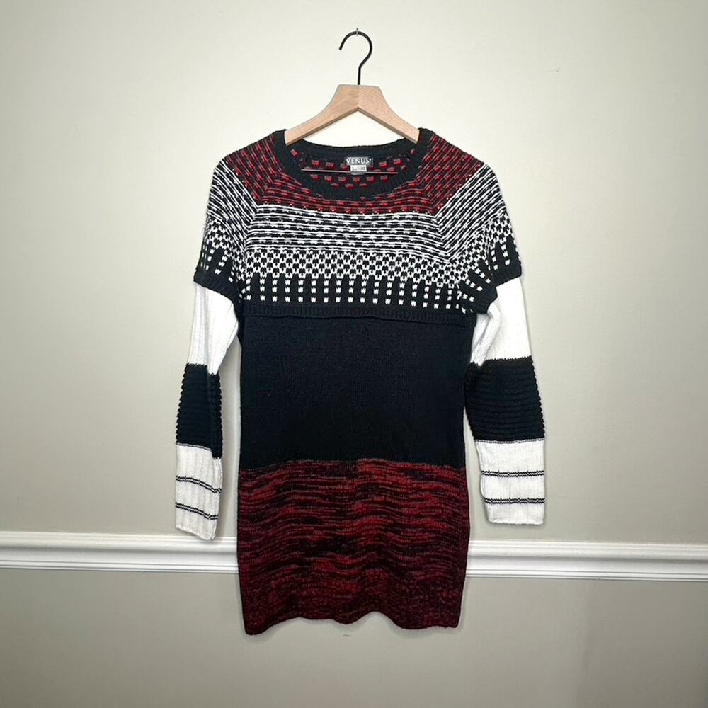 Venus Red Black and White Long Sleeve Sweater Dress